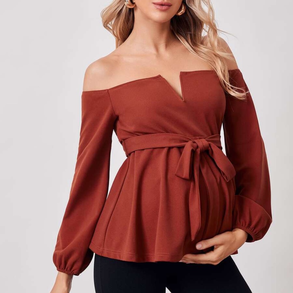 MATERNITY Red Burgundy off shoulder belted blouse - Picture 3 of 10